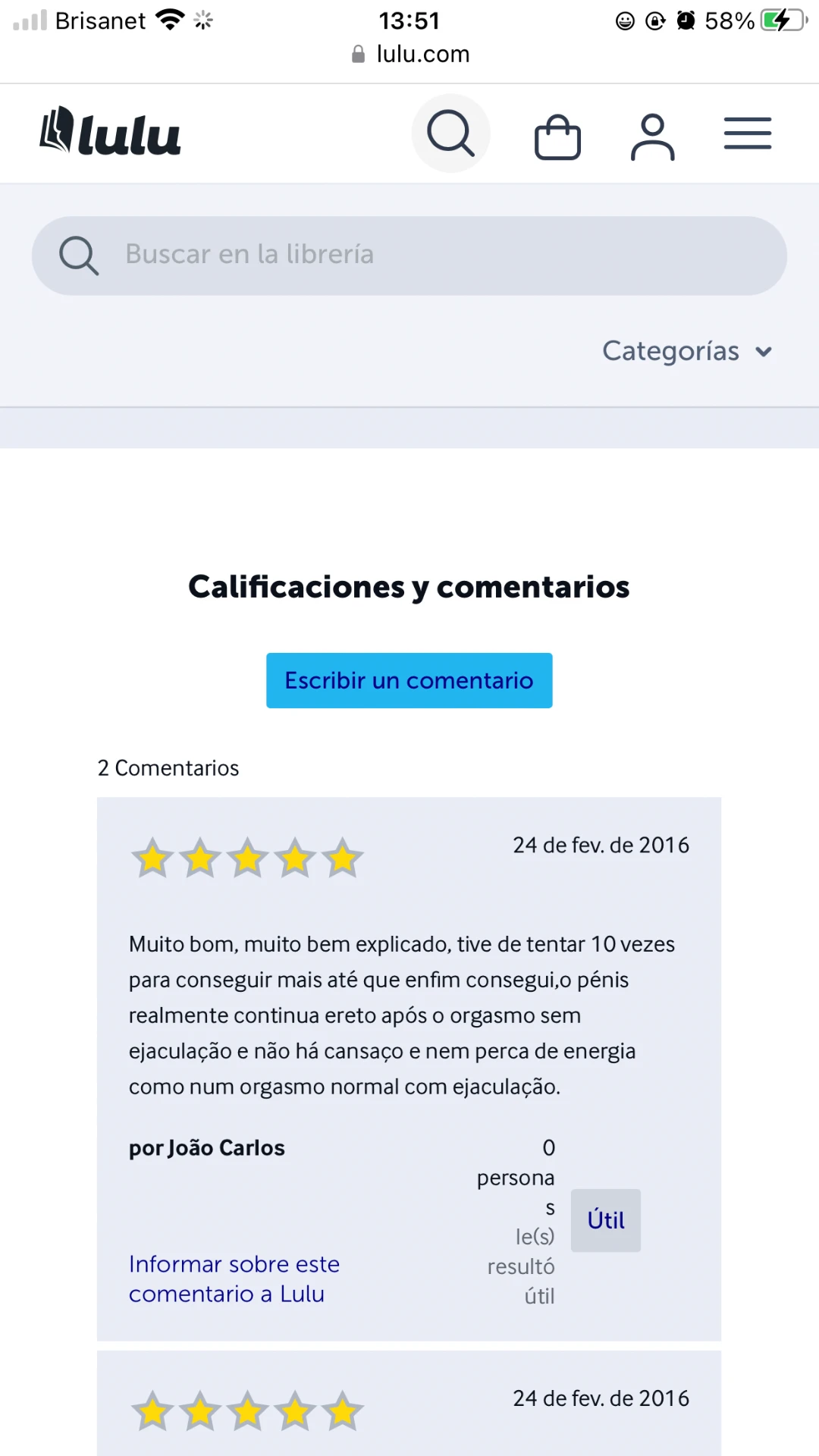 Avaliação de cinco estrelas publicada por um leitor